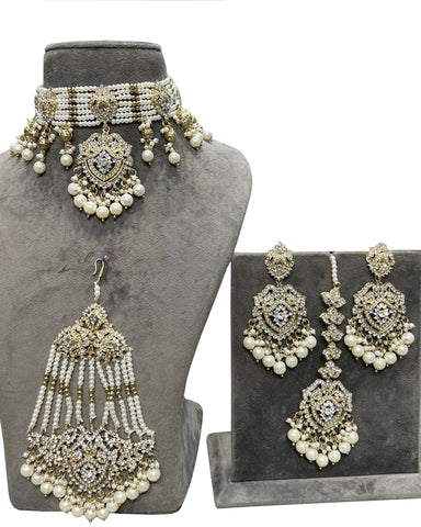 Party Wear Cream Color kundan along with beads work Necklace with Earrings