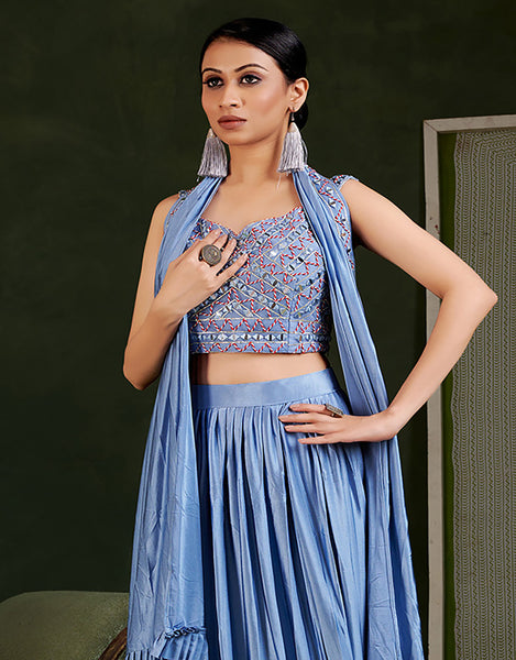 Party wear Blue Designer Lehenga Ready To Wear Pre Pleated Saree