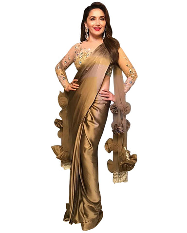 Madhuri Dixit Ochre Gold Colour With Rose Freel Saree