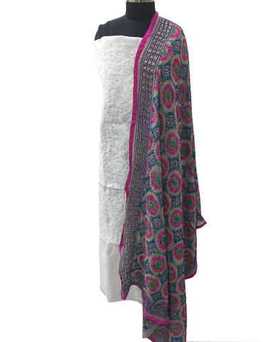 Beatuiful White Color cotton Suit With Heavy Pink Piping Phulkari Dupatta