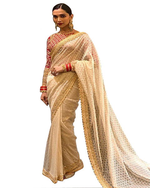 Deepika Padukone White Color Net Saree