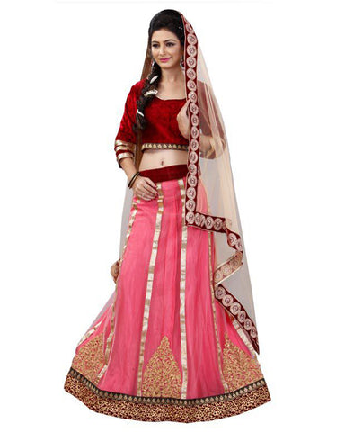 Peach And Maroon Colored Embroidered Work Party Wear Lehenga