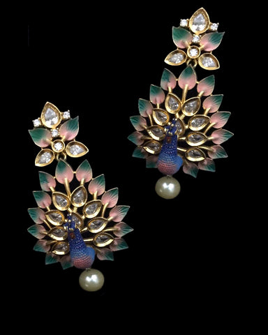 Original Handpainted Enamel Peacock Earrings with Glass Beads