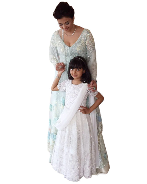 Bollywood White Color Mother Daughter Heavy Anarkali Gown