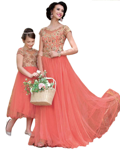 Peach Color Mother Daughter Gold emboridery Gown