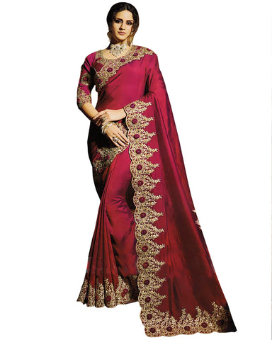 Desirable Maroon Colored Designer Embroidered Work Party Wear Silk Saree