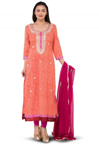 Organge And Pink Color Silk Bhandej Gota Patti Suit