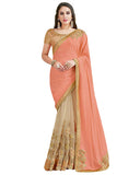 Desirable Peach Colored Designer Embroidered Work Party Wear Net Saree