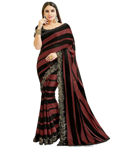 Snazzy Black - Brown Colored Designer Embroidered Work Party Wear Satin Silk Saree