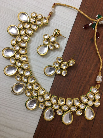 Beautiful Golden and White Color Kundan Necklace with Back Meenakari