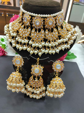 Beautiful Golden and White Color Necklace, Earrings and Maang Tikka along with Extra White Color Beads