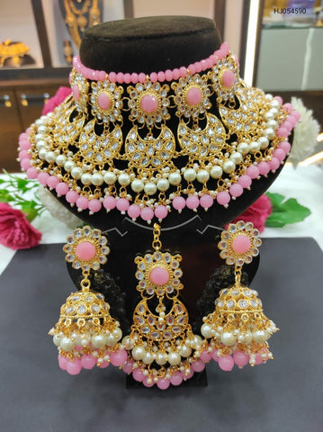 Bea Golden and White Color Necklace, Earrings and Maang Tikka along with Beautiful Pink Color Beads