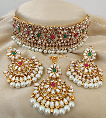 Beautiful Multi Color Necklace with Earrings and Matha Tikka designed with Attractive Pearls for Special Occasion