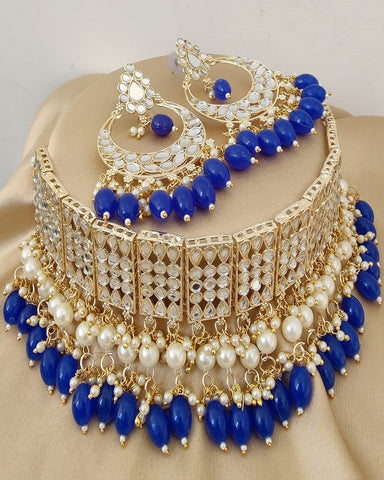 Attractive Golden Color Diamond Mirrors Choker Necklace and Earrings with Beautiful Blue Color Pearls for Special Occasion