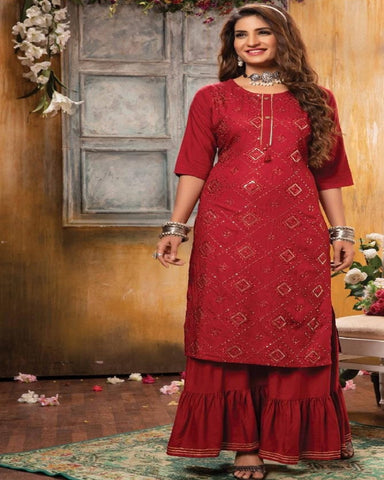 Gorgeous Red Color High Quality Rayon Sharara Salwar Suit with Heavy Work for Special Occasion