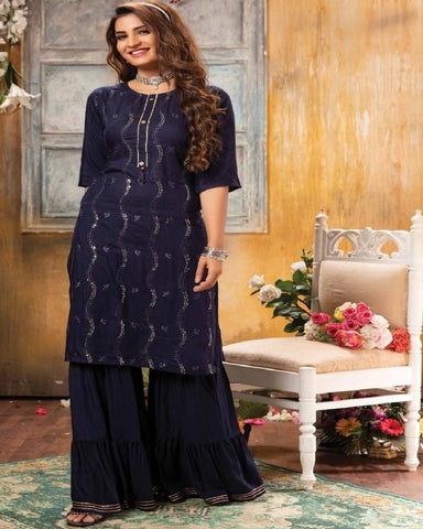 Classy Dark Blue Color High Quality Rayon Sharara Salwar Suit with Heavy Work for Special Occasion