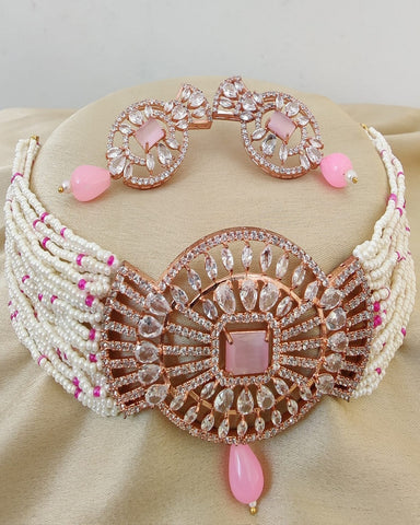 Classy White Color Necklace and Earrings Shaded with Red Color with Charming Light Pink Color Pearls for Special Occasion