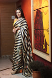 Beautiful White Black and Yellow Color Saree and Blouse with Charming Floral Design on Saree for Special Occasion