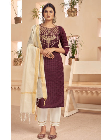 Charming Maroon Color Cotton Jacquard Suit, Slub Cotton Salwar and Chanderi Viscose Dupatta with Heavy Embroidery Work for Special Occasion