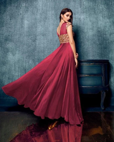 Pretty Red Color Floor Length Satin Gown with Chiffon Dupatta for Special Occasion