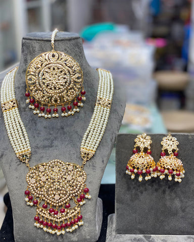 Beautiful Golden and Maroon Color Necklace, Earrings and Maang Tikka for Special Occasion