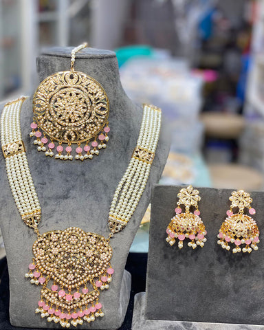 Beautiful Golden and Pink Color Necklace, Earrings and Maang Tikka for Special Occasion