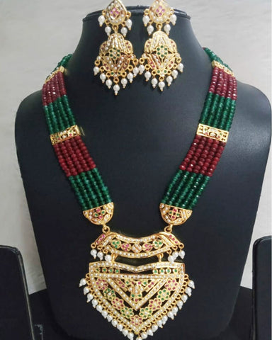 Beautiful One gram gold plated Jadau jwellery Maroon and Green Color Necklace, Earrings for Special Occasion