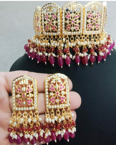 Beautiful One gram gold plated Jadau jwellery Pink Color Necklace, Earrings for Special Occasion