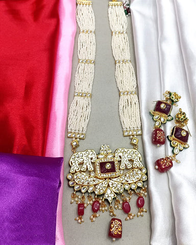Party Wear Maroon Kundan White Pearl Beaded Necklace with Earrings