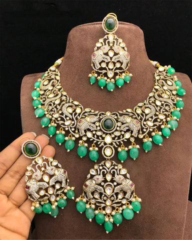 Party Wear Light Green Jadau Kundan Necklace with Earrings