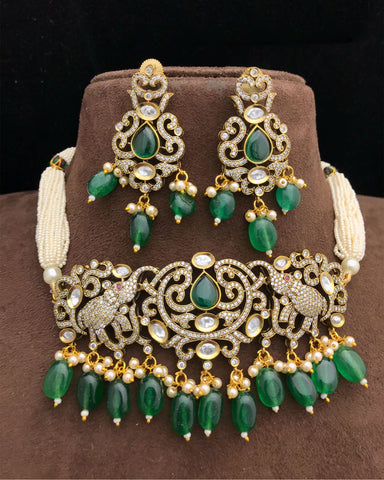 Party Wear Green Jadau Kundan Necklace with Earrings