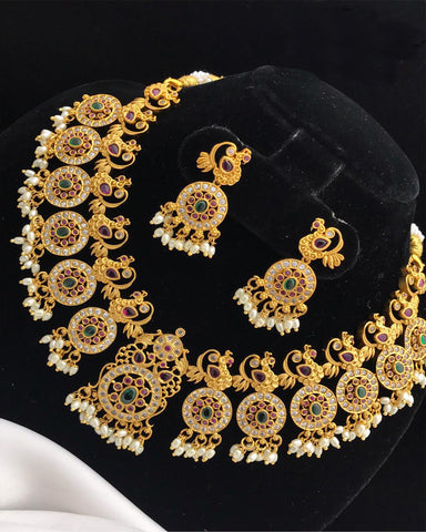 Party Wear Golden Jadau Kundan Necklace with Earrings