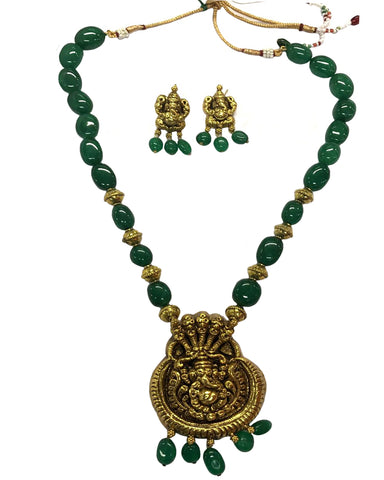 Temple Jewellery Matte & Green Pearl Finished Necklace Set for Women