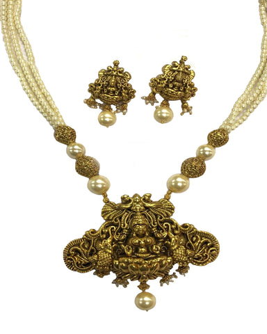 Temple-3 Jewellery Matte & White Pearl Finished Necklace Set for Women