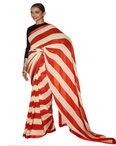 Deepika Padukone In Designer Sabbyasacchi Red & White Stripey Saree