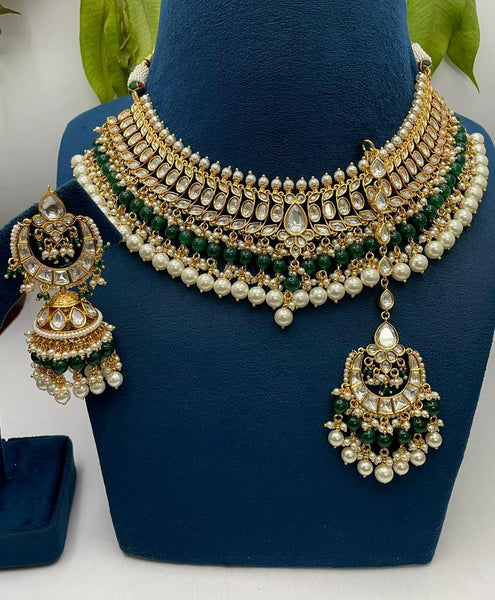 Beautiful Golden and Green Color Necklace, Earrings and Maang Tikka for Special Occasion