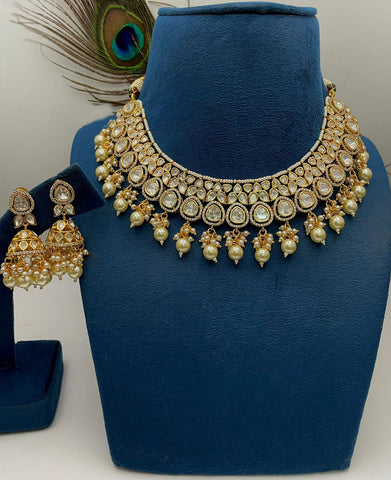 Beautiful Golden and White Color Necklace, Earrings and Maang Tikka for Special Occasion