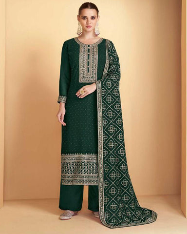 Green Color Designer Embroidery Work Straight Palazzo Suit