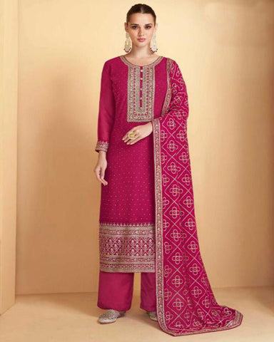 Pink Color Designer Embroidery Work Straight Palazzo Suit
