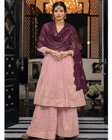 Peach Color Georgette With HeavyEmbroidery Work Straghit Sharara Suit