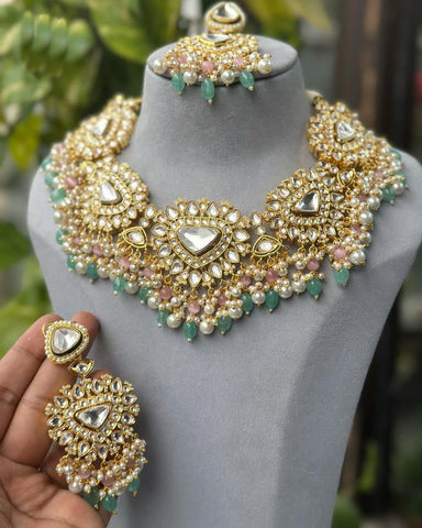 Beautiful One gram gold plated Jadau jwellery Green Color Necklace, Earrings for Special Occasion