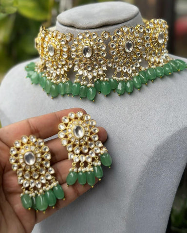 Beautiful One gram gold plated Jadau jwellery Green Color Necklace, Earrings for Special Occasion