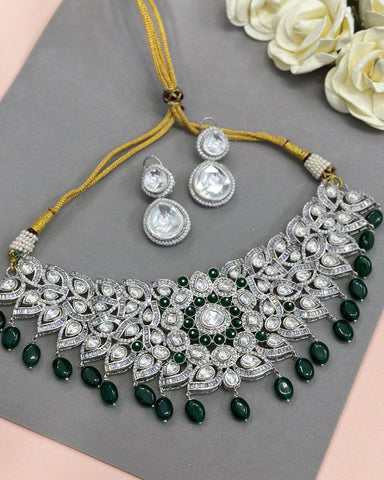 Silver & Green Kundan Jadau Necklace with Earrings