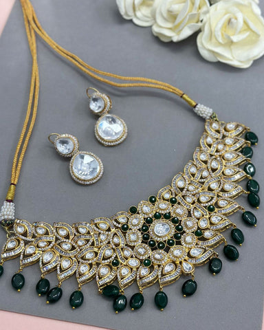 Golden & Dark Green Color Kundan Jadau Necklace with Earrings