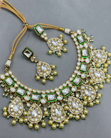 Green Kundan Jadau Necklace with Earrings
