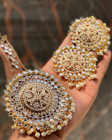 Beautiful Golden Mirror work Earrings and Maang tikka for Special Occasion