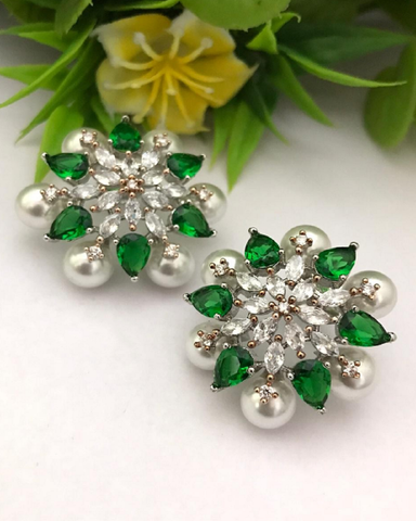 Stunning White and Green Color Earrings with Lovely Double Polished Spherical Pearls for Special Occasions