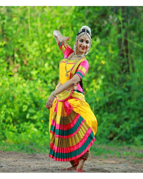 strapless open back dress High Quality Art Silk Yellow and Pink Color Bharatnatyam Costume