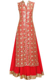 Coral Red Long Top With Pure Georgette Lehenga