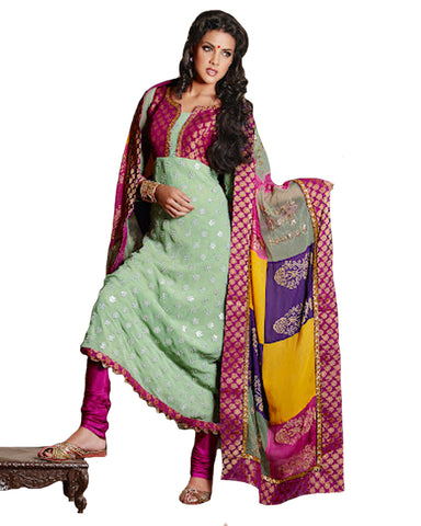 Deep Honey Dew And Deep Pink Brocade And Faux Georgette Suit